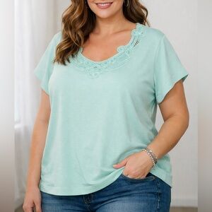 i.e. WOMAN Plus Size 2X Mint Green Short Sleeve Top Lace Detail Casual Tee NWT